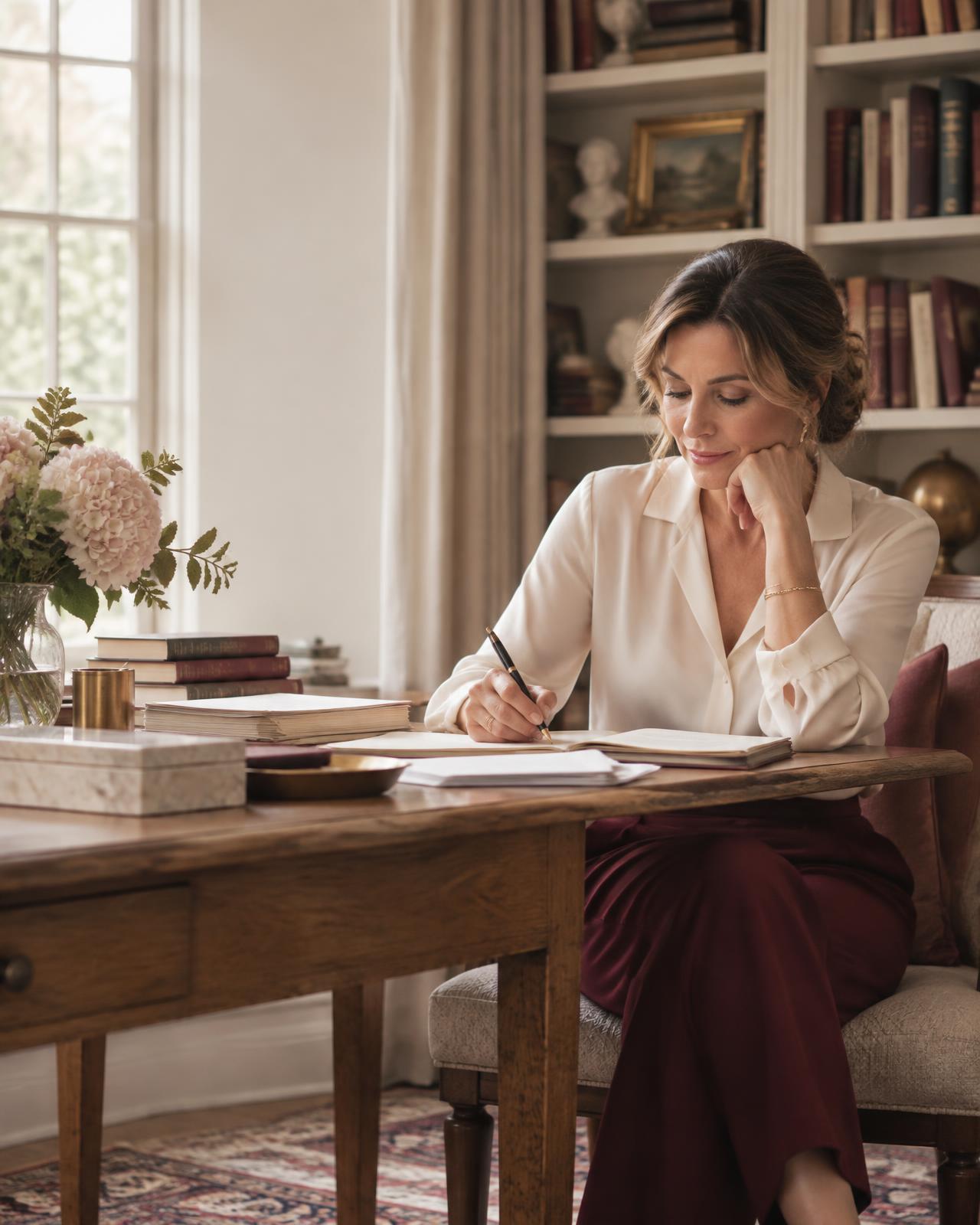 An accomplished author writing at her desk
